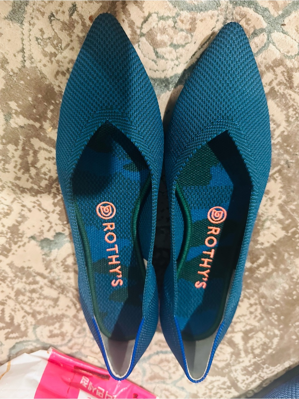 Rothy's Teal Pointed Knit Flats with Coral Logo